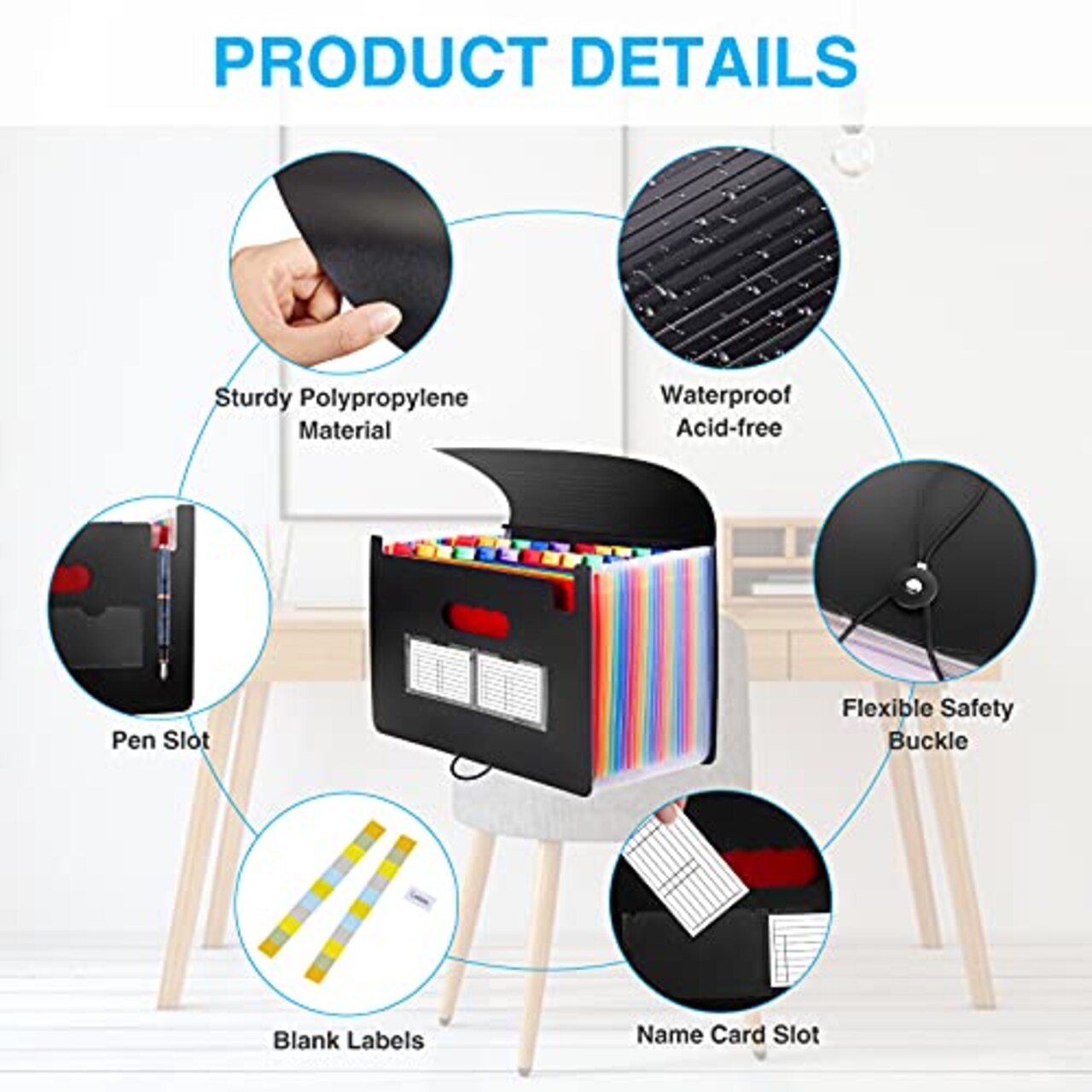 24 Pockets Expanding File Folder with Blank Labels, According File Organizer with Expandable Cover, Desktop Accordion Folders Letter A4 Paper Document Storage Organizer, Black